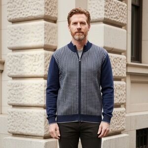 Geoffrey Beene Mens XL Full Zip Sweater Navy Blue Houndstooth Mock Neck Knit